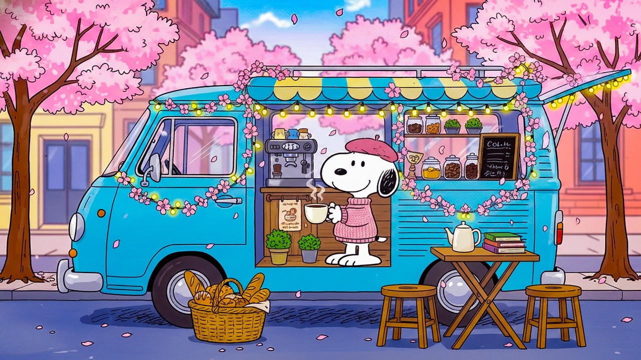Cherry Blossom Spring Café 🌸 Snoopy Cozy Lofi Mix | Relaxing Chillhop Beats for Work & Stress Relief