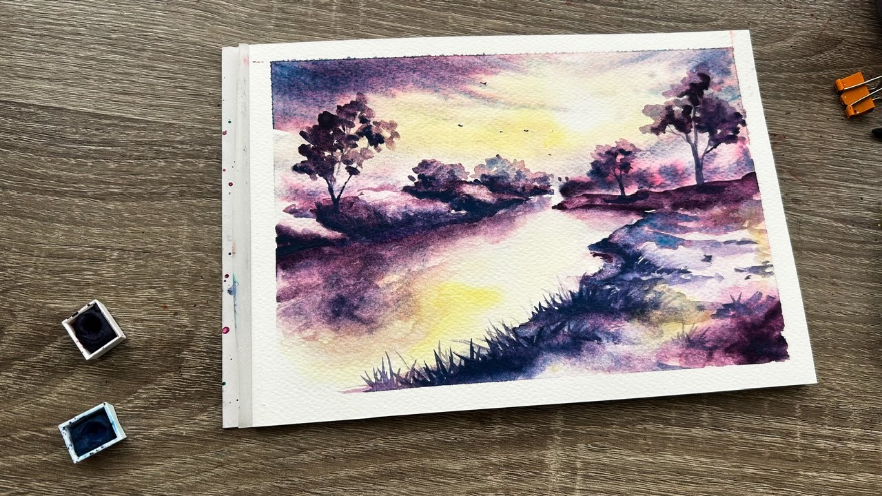 Relaxing Watercolor Landscape Painting | Sunset River Scene Step by Step