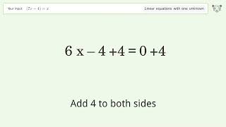Linear equation with one unknown: Solve (7x-4)=x step-by-step solution