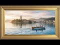 wide shot of a small motorboat cruising across calm blue water, | Gold Framed TV Art Screensaver