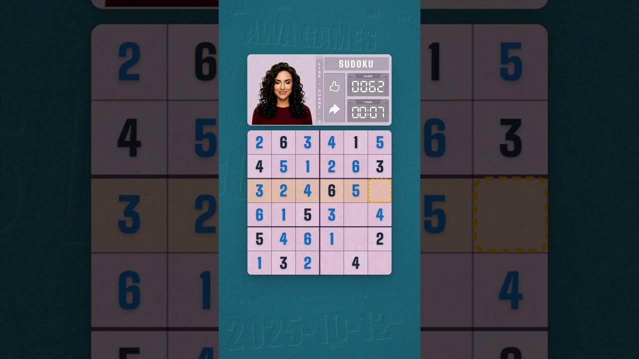 LinkedIn Mini Sudoku #62 solved board for October 12, 2025, 6x6 grid