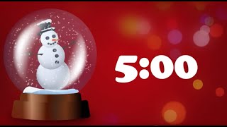 5 Minute Timer, Christmas Music, Animated Snowman Snow Globe, White Numbers on Red