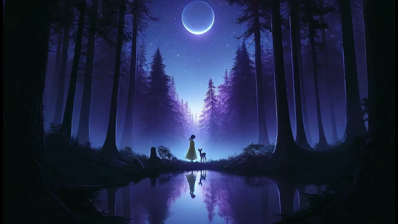 The picture shows a tranquil night scene set in a mystical forest. 