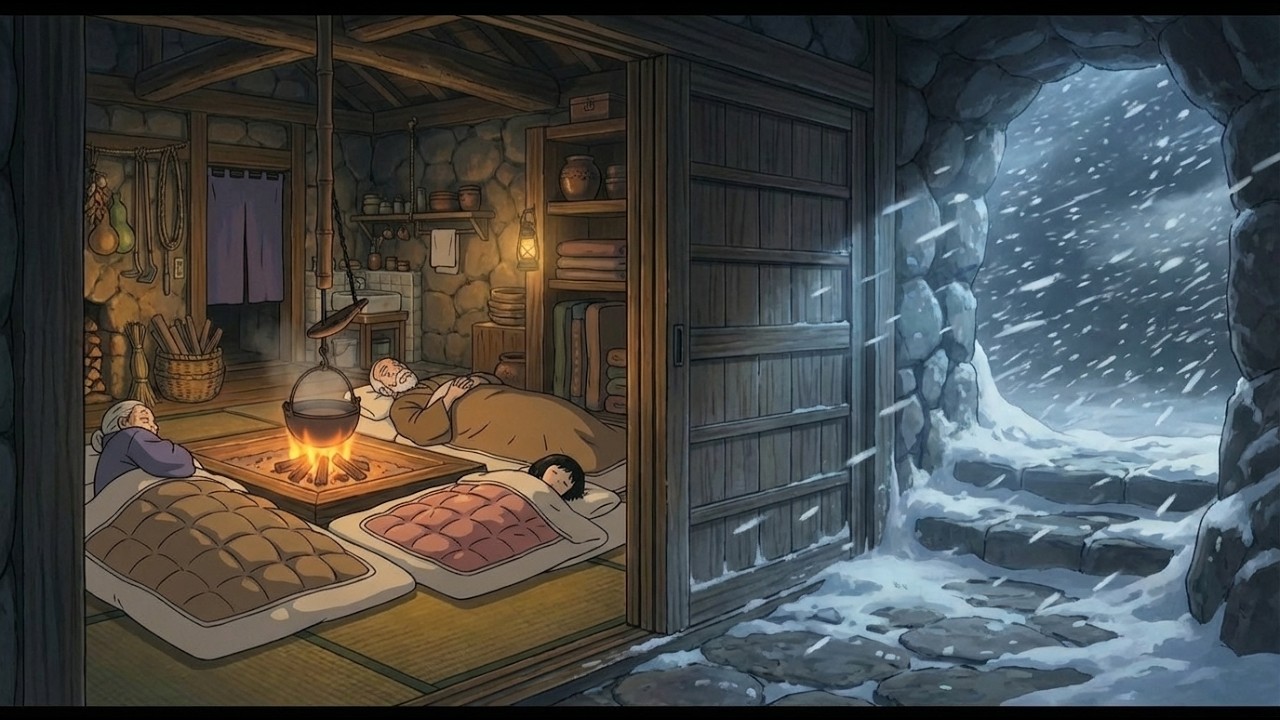 Living with Grandparents in a Mountain Cave During a Blizzard | Cozy Irori Fire & Family Warmth