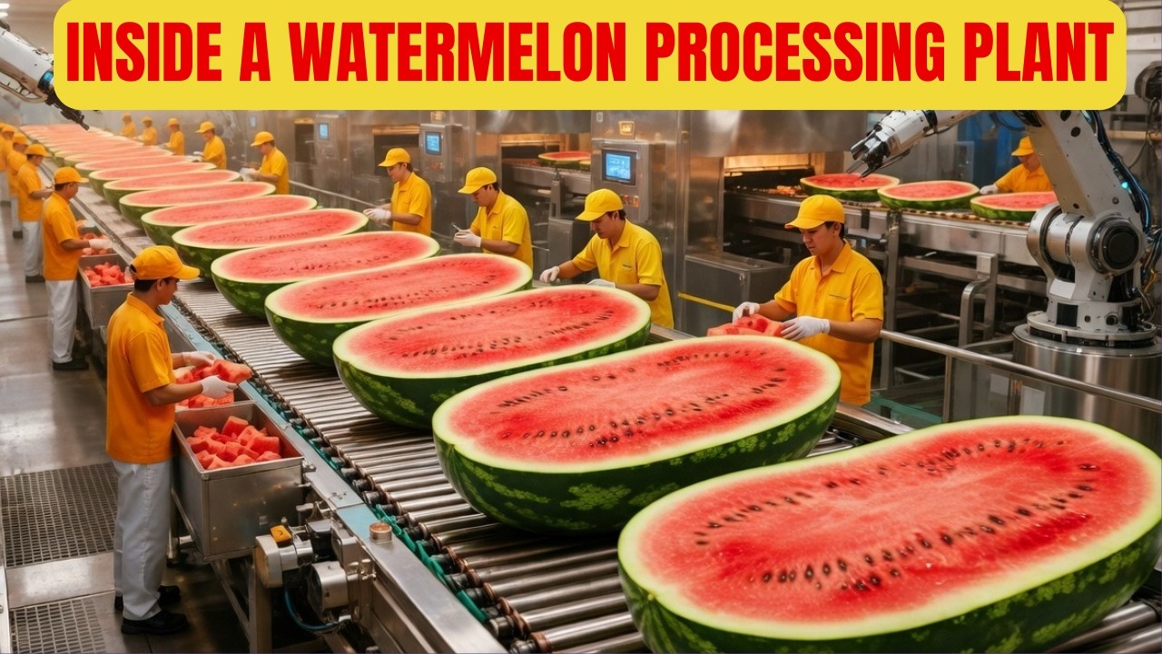 Inside a watermelon processing plant. From watermelons to sweet red juice (The entire process)