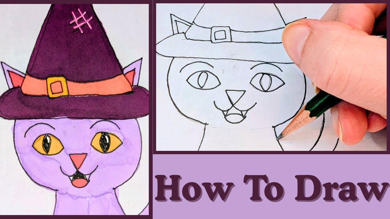 Как рисовать: Кот в шляпе ведьмы, пошаговый урок рисования 🐈‍⬛🎃