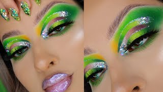 Lime Green Double Cut Glitter Crease w/glossy lips | Makeup Tutorial