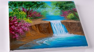 Waterfall Acrylic Painting | Spring Waterfall | Landscape Painting for Beginners