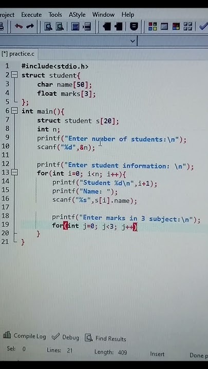 C program to enter student name and marks scored in three subject and ...