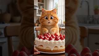 Kitten wants to eat strawberry cake