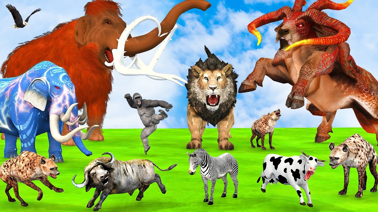 5 Giant Mammoth Elephant Cow Vs Giant Buffalo Vs 5 Giant Lion Tiger Zebra Saved By Woolly Mammoth