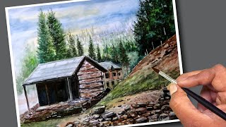 Old House watercolor painting | Watercolor painting Landscape | Easy painting for beginners