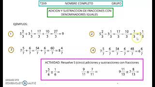 T2V9 ADICION Y SUSTRACCION DE FRACCIONES CON DENOMINADORES IGUALES