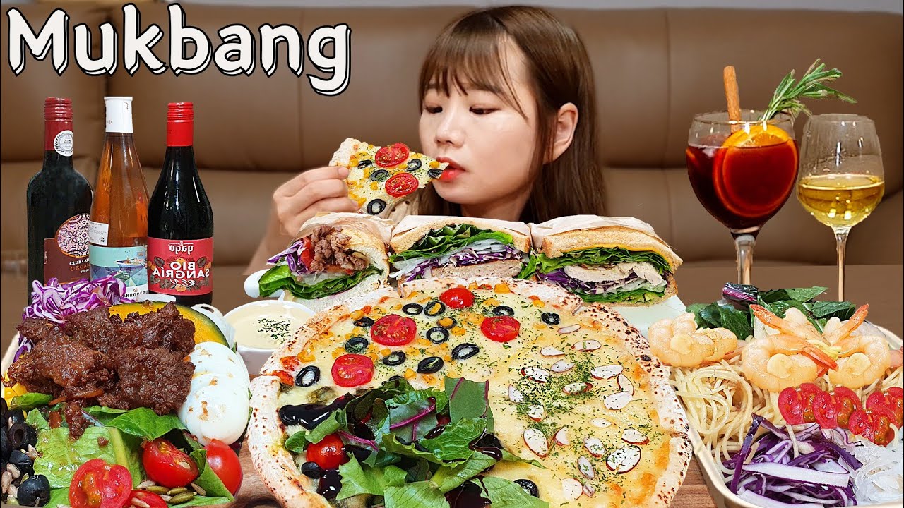 Sub)Real Mukbang- 3 вкуса пиццы 🍕 Сэндвич 🥪 Мясной салат 🥗 Вино, Сангрия 🍷 ASMR