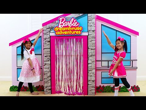 Emma & Jannie Pretend Play with Giant Cardboard Barbie Playhouse and Girl Toys