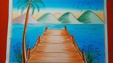 How to draw beautiful sunset in the beach/How to draw a sunset with mountains/Bridge scenery drawing