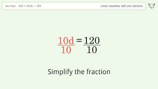Solve 10d+10(9)=210: Linear Equation Video Solution | Tiger Algebra
