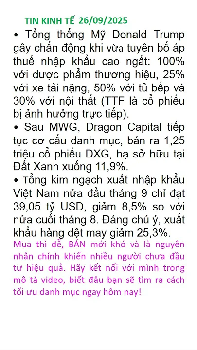 Tin kinh tế 26/9: Trump áp thuế sốc, Dragon Capital thoái vốn DXG, Xuất nhập khẩu Việt Nam giảm mạnh