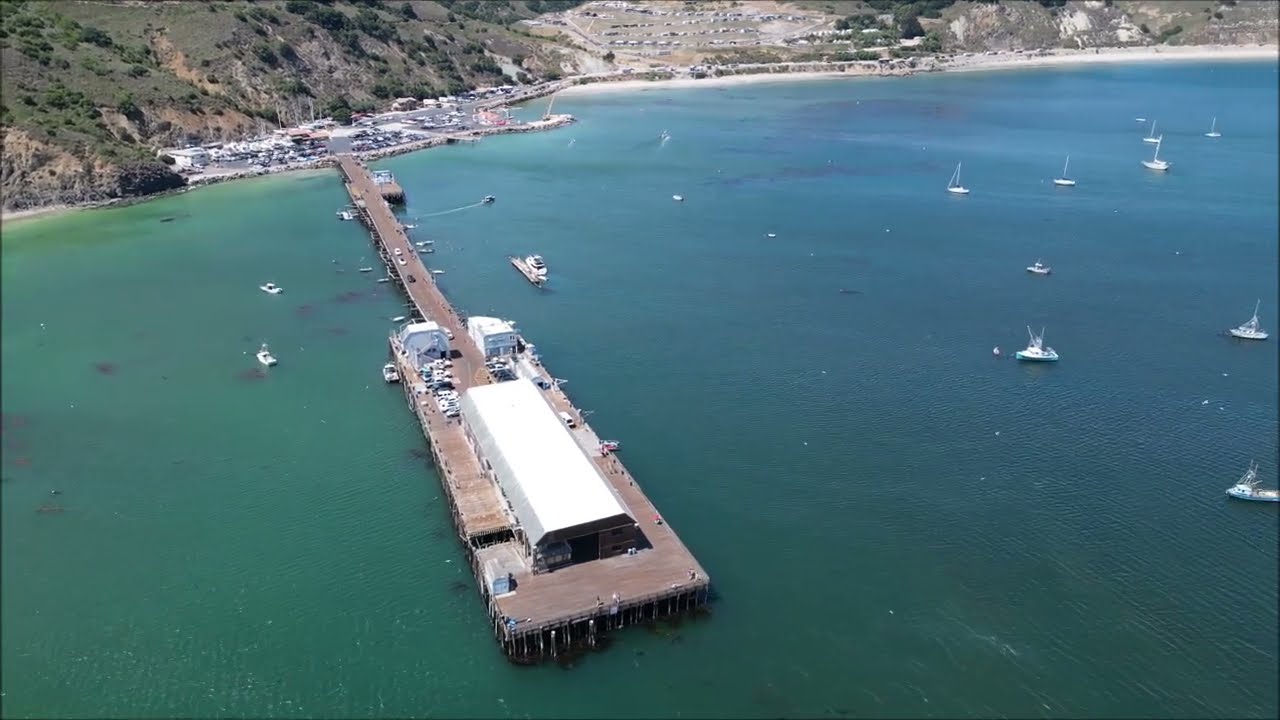 Port San Luis Pier - The Harford Pier - in San Luis Obispo Bay, drone video
