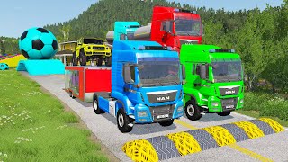 Double Flatbed Trailer Truck vs Speedbumps Train vs Cars | Tractor vs Train Beamng.Drive 059