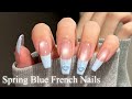 【セルフネイル】うるツヤ透明感✨春色ブルーのフレンチネイル🩵🌸/チップで長さだし💅