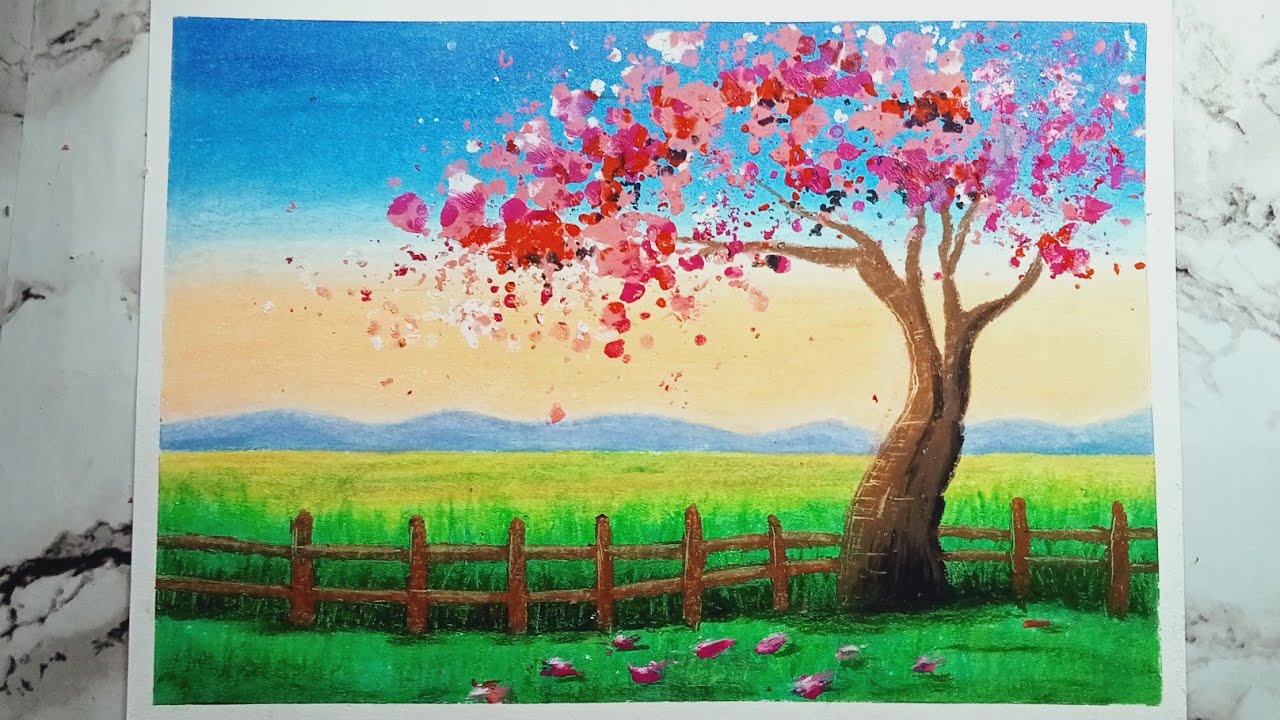 Oil Pastel Landscape Drawing / Cherry Blossom Painting / Step By Step ...