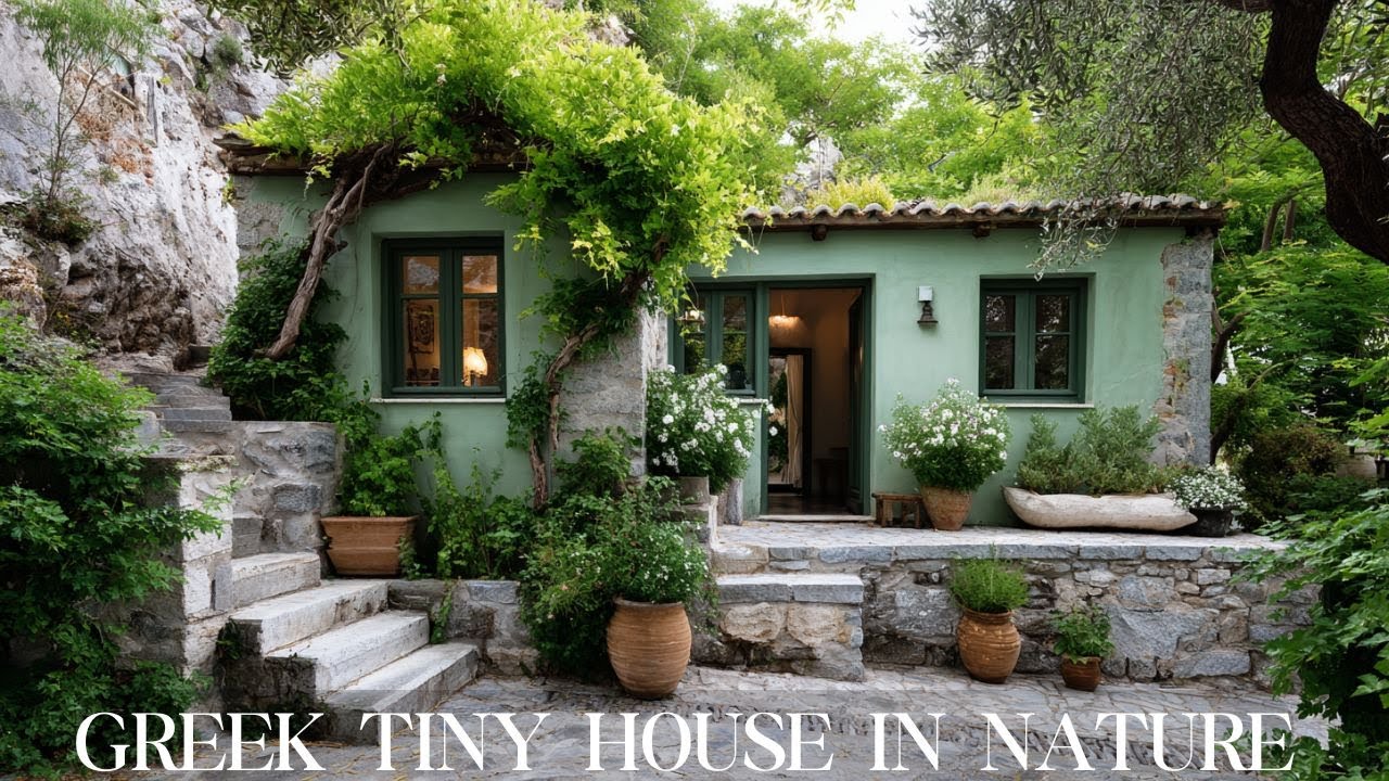 Greek Tiny House Design in Moss Green Stone | Peaceful Home in a Lush Garden