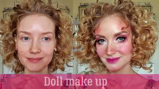 Кукольный макияж. Doll make up. Розовый  макияж с веснушками и накладными ресницами.