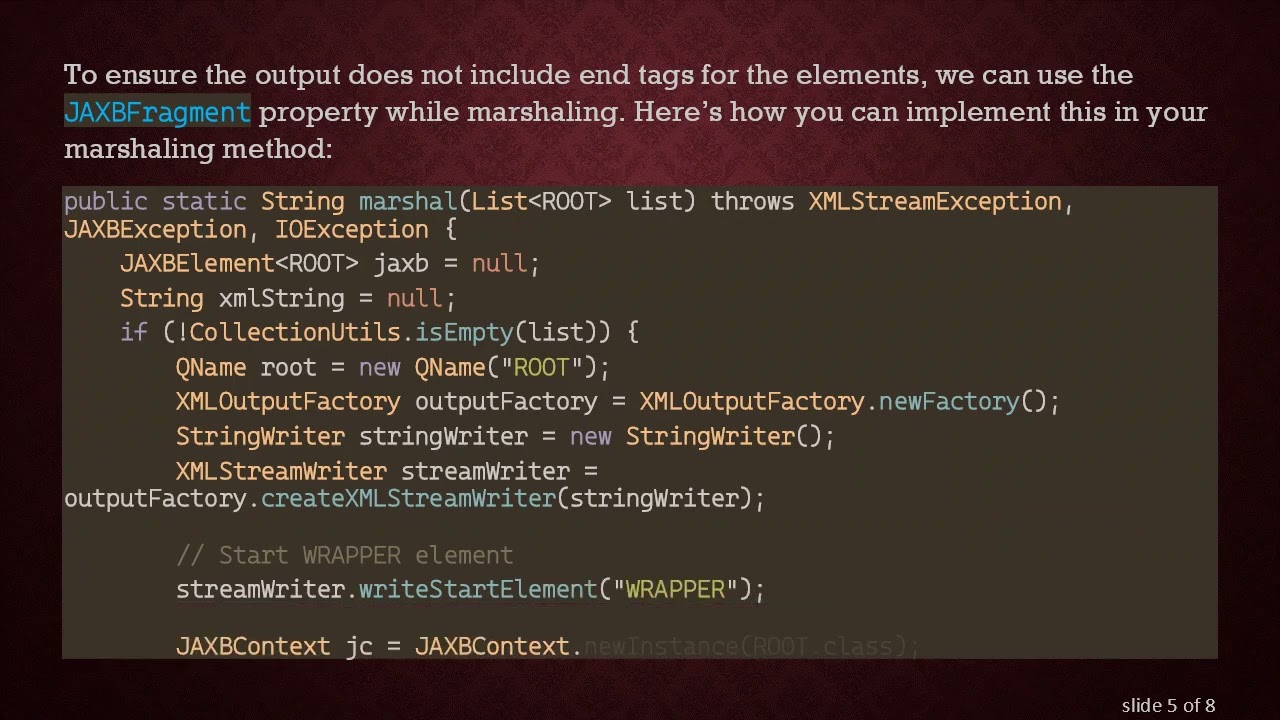 How to Marshal XML with JAXB to Avoid End Tags in Java ROOT Elements