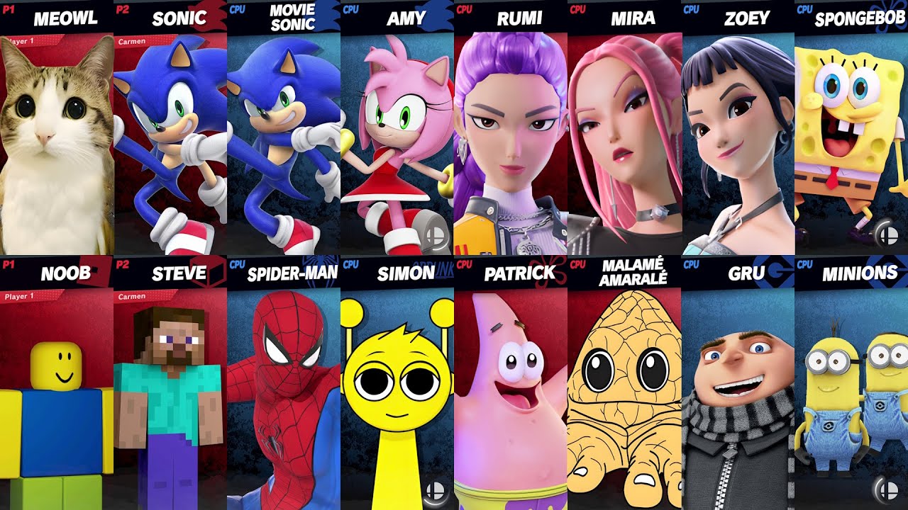 Sonic vs Spiderman vs Mario vs SpongeBob vs Roblox vs Minecraft vs Fortnite vs Brainrot | Smash Bros