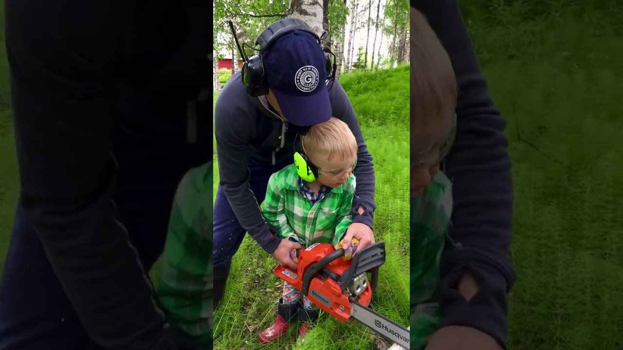 My first chainsaw and brave 3 year old son ❤️😊 bucking firewood 