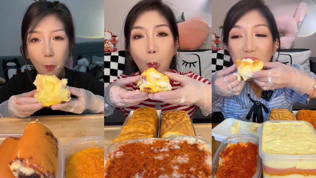 ASMR MUKBANG - MUKBANG SOUND - CHEESE SAUCE ROLL CAKE, FLOSS CAKE