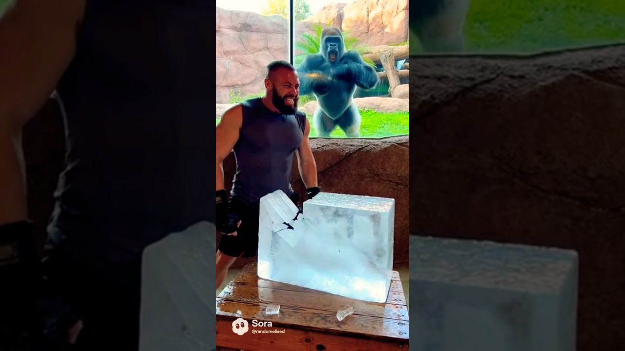 Bodybuilder Smashes Giant Ice Cube… Gorilla Watches Every Punch 🦍❄️