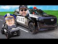 Chris rides on toy police car  kids stories about good behavior and rules