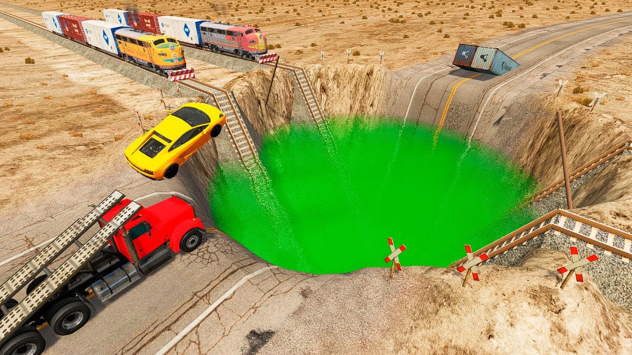 Cars and Ramp Truck vs Huge Pit and Trains - BeamNG.Drive