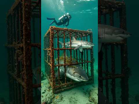 Baby shark looks for help to rescue its mother trapped in a metal cage