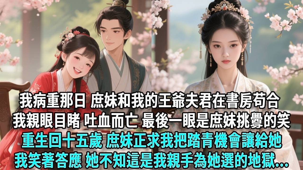 我病重吐血那日，庶妹和我的王爺夫君在書房苟合，我親眼目睹，吐血而亡，最後一眼是庶妹挑釁的笑。重生回十五歲，庶妹正求我把踏青機會讓給她，我笑著答應，她不知這是我親手為她選的地獄。