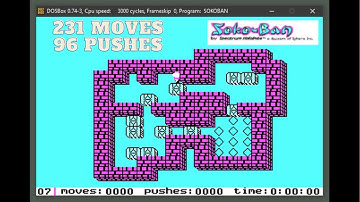 Soko-Ban Level 7 move-optimal (231 moves, 96 pushes) - SokoBan Floor 7 - IBM PC CGA - 1984