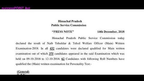 HPPSC Declared || Naib Tehsildar Main Written Examination RESULT || Total 62 Candidates Qualified..