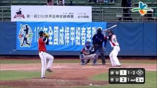 20140412-2 甲組春季聯賽 康寧大學vs泰安產險 3下 歐哲閎接球後拋到一壘刺殺打者，鍾教練:「瀟灑」
