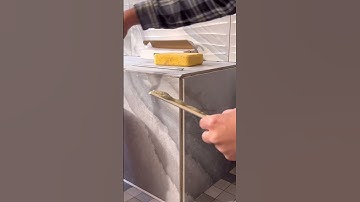 Our trim square helping us cut perfect 45’s on this tile trim #diy #tiling #tile #howto #craftsman