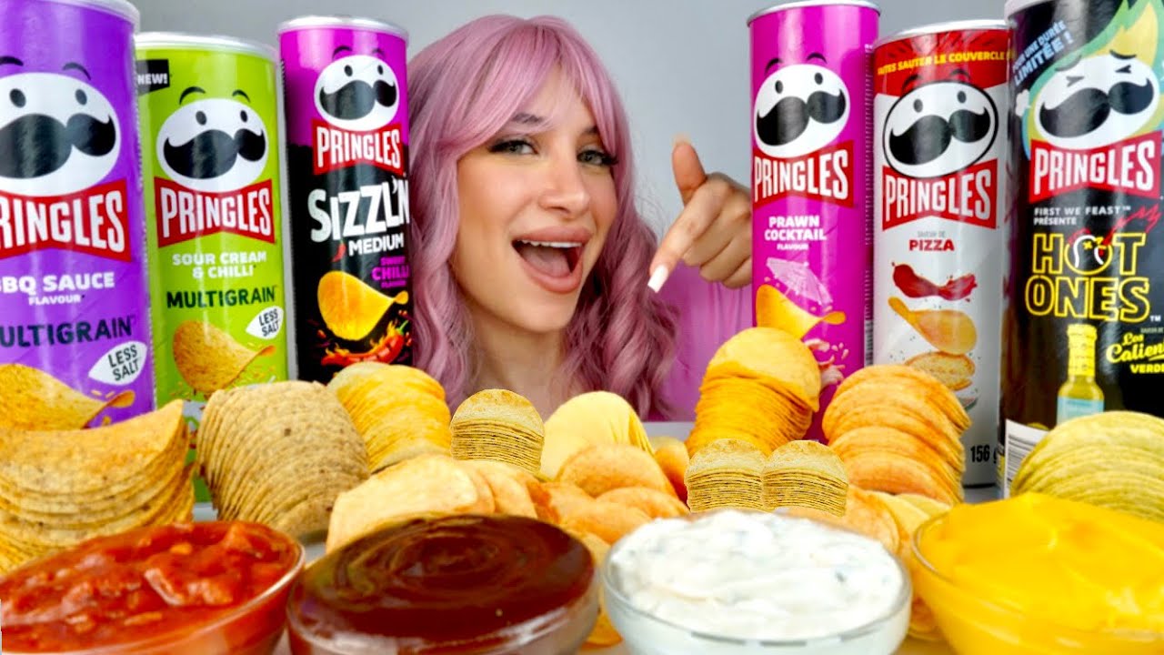 ASMR PRINGLES PARTY,PIZZA ,HOT ONES, PRAWN COCKTAIL, SWEET CHILLI, SOUR