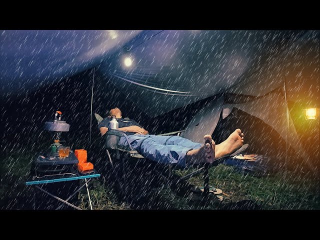 CAMPING IN THE FOREST, solo camping in heavy rain with thunderstorm (SOOTHING RAIN) class=