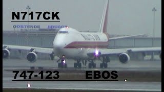 Boeing 747-123(SF) , N717CK  , departure in far from perfect visibilty and rain, good sound , Ostend