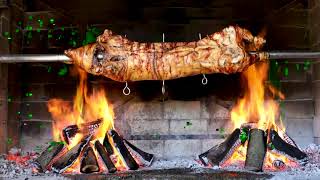 Pig on a Spit Roast Looping for 3 Hours with Fire Crackle Sound