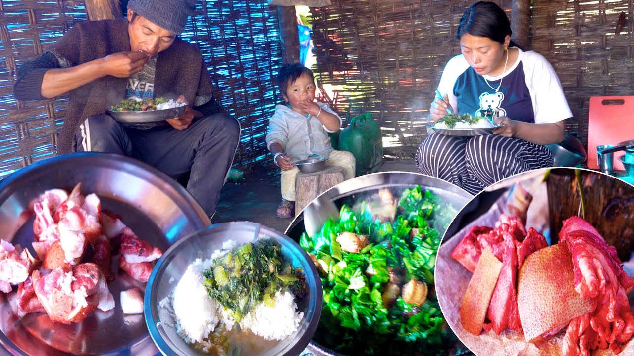 somuhang takes PORK from the village & His wife manjita cooks Pork curry for lunch ||