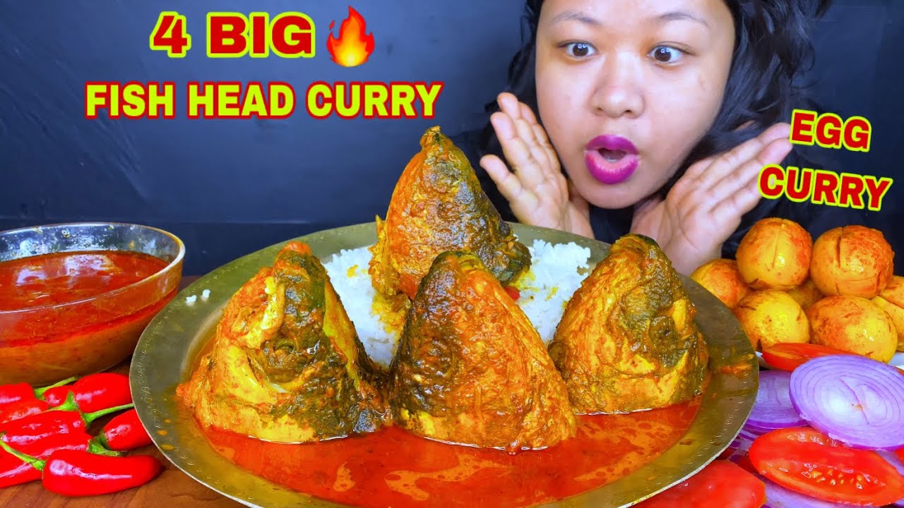4 BIG EATING SPICY FISH HEAD CURRY, VERY SPICY EGG CURRY, RICE & SALAD MUKBANG ASMR 