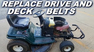 How to replace both drive and deck belts on a Craftsman riding mower.