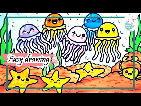 How to draw Cute jelly fish & starfish under the sea drawing for kids