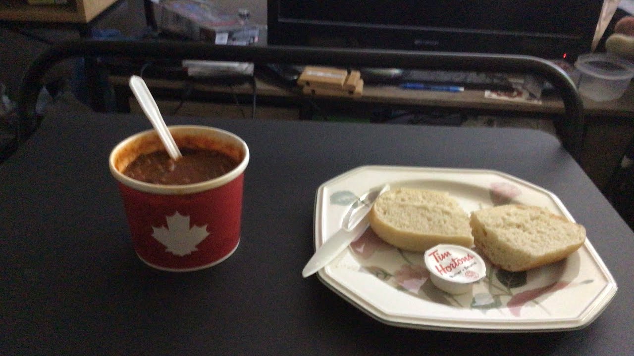 Chili with white bread from Tim Hortons food review YouTube